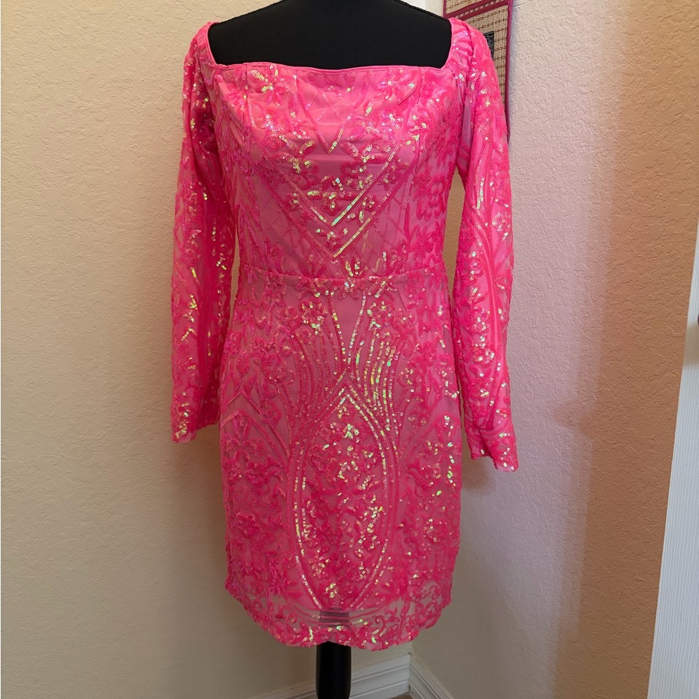 Fashion Nova Hot Pink Sequin Long-Sleeve Dress
